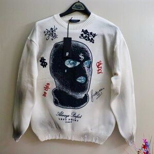 LEFT POINT Off White Graphic Sweater with Black Rhinestone Design